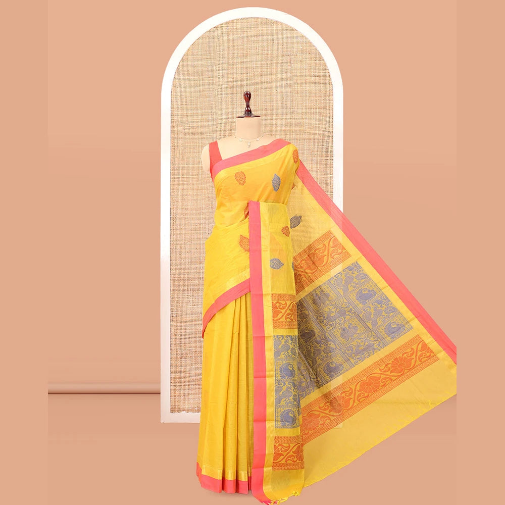 Pothys Yellow Kanchi Cotton Saree, Woven with Thread Buttas, a Contrast Border, Pallu of Floral and Animal Design, and a Matching Blouse